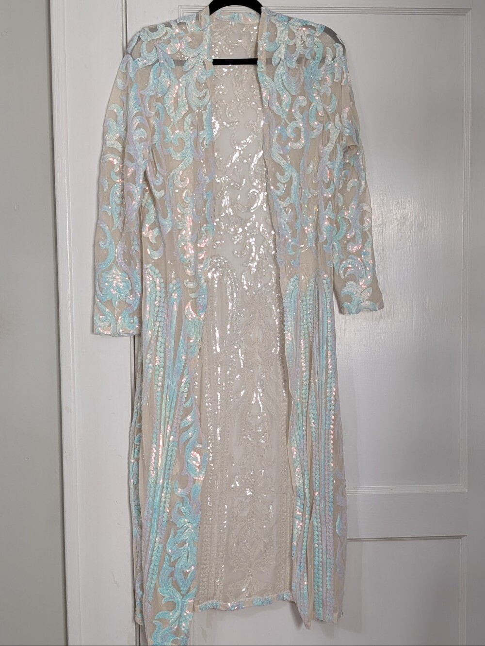 Women's Large Sequin Long Sleeve Open Front Cardigan Full Length White Opal